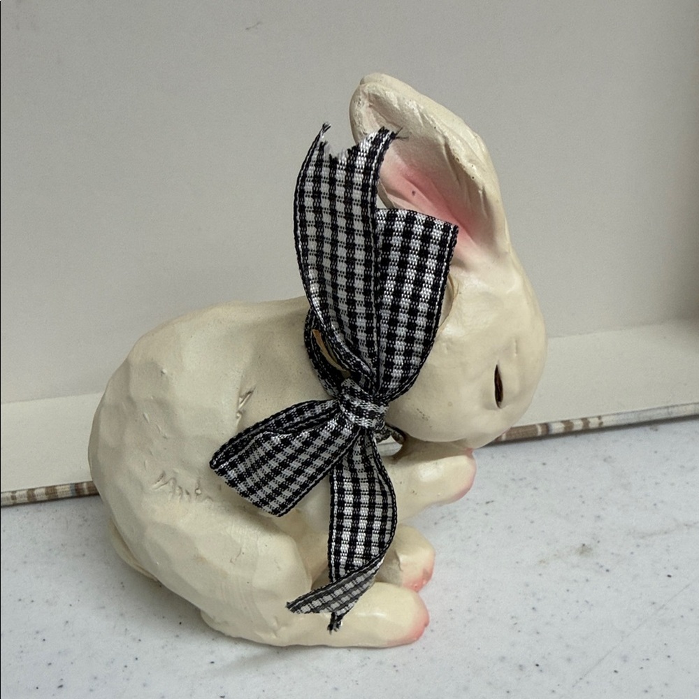 Cream Bunny Figurine with Blackβ Gingham Bow Easter